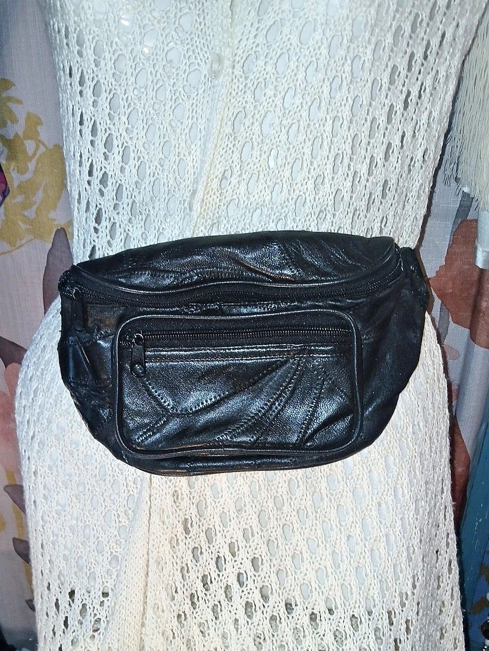 90s Vintage Fanny Pack In Black Leather Patchwork